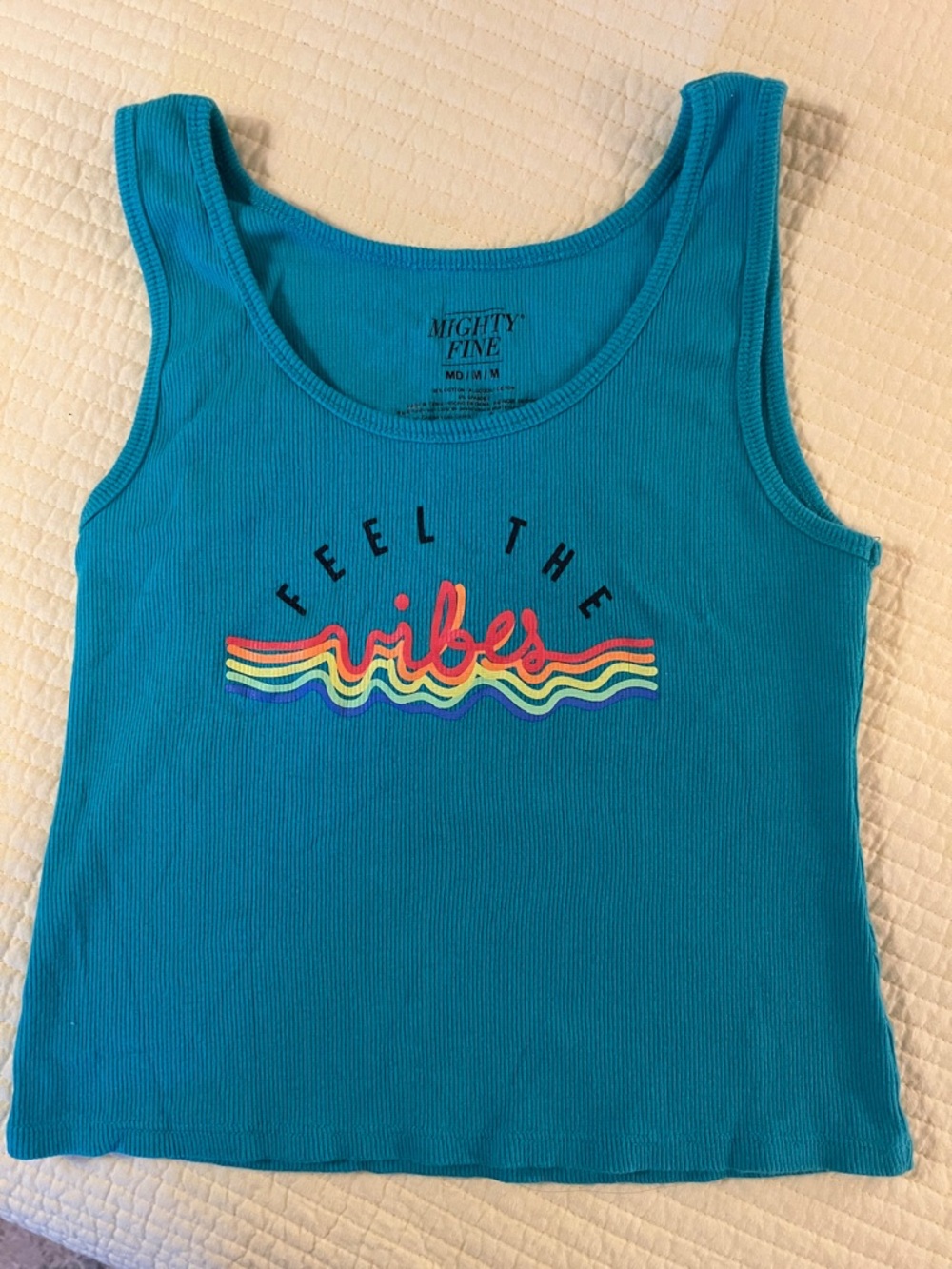 Mighty Fine Turquoise Ribbed Tank with Rainbow 'Vibes' Graphic